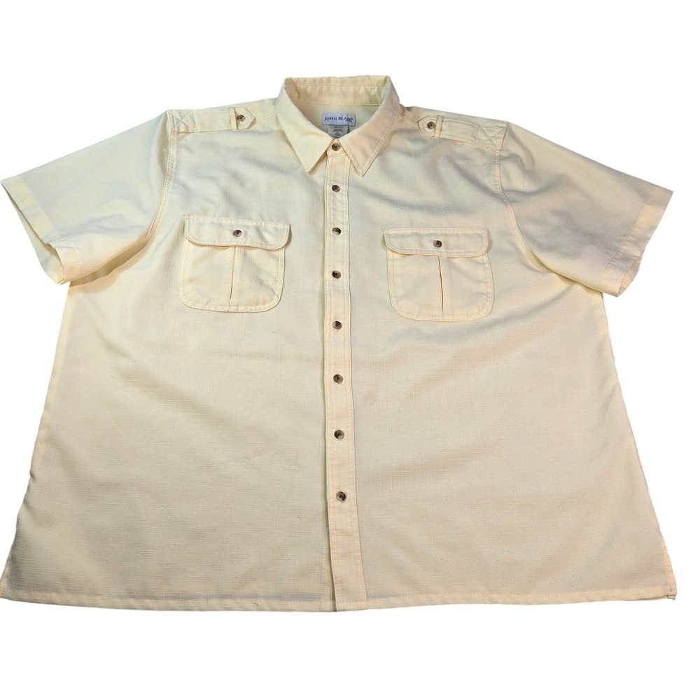 John Blair Mens 3XL Yellow Short Sleeve Button Down Shirt Slub Texture Epaulets